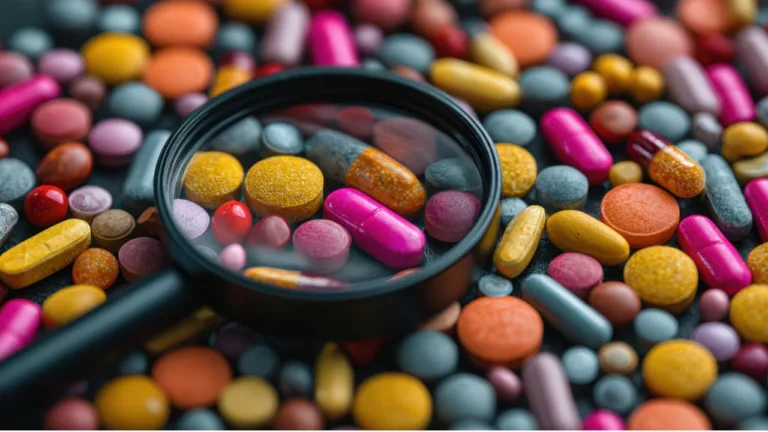 Pills and magnifying glass